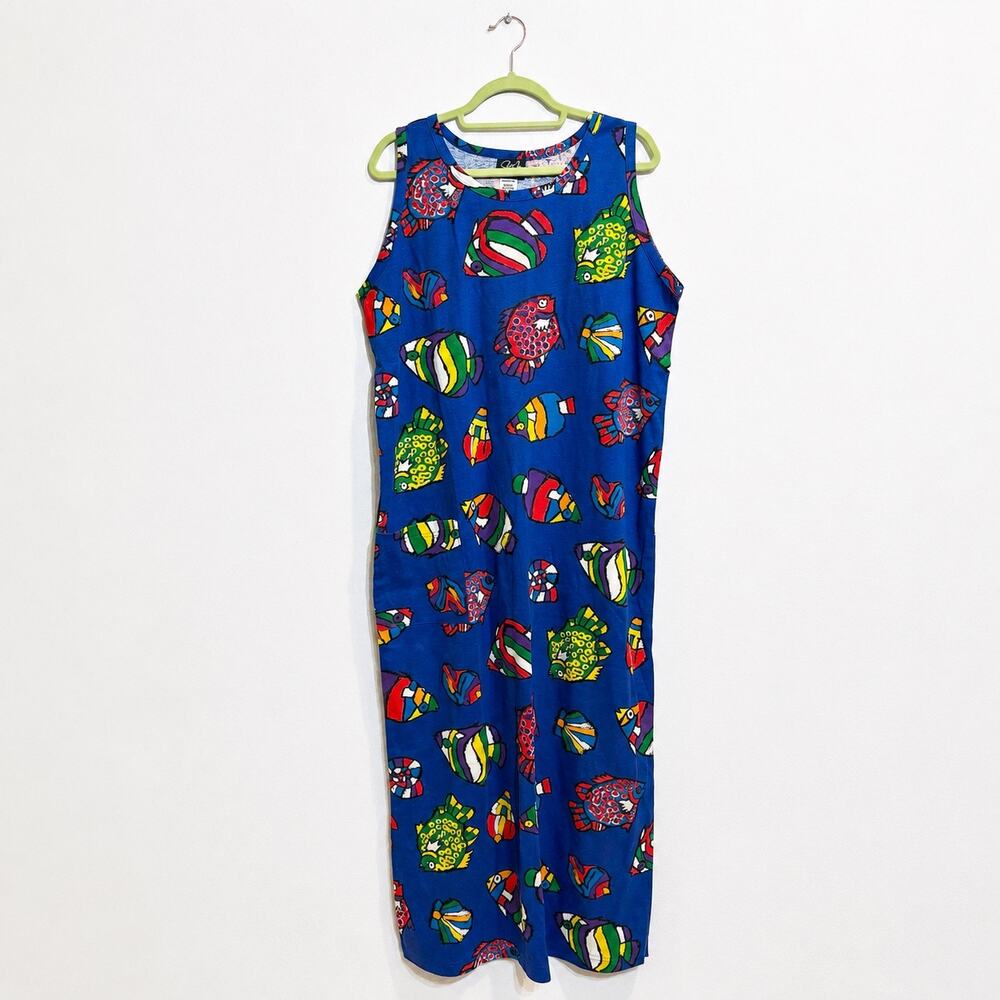 Jim Bay Original Blue Fish Print Sleeveless Maxi Dress Made in USA Sz OS